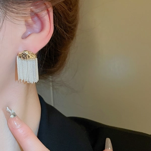 French style gold lava stud earrings with hanging silver chain tassels for women