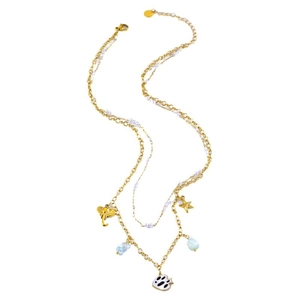 Double-layered gold starfish and shell pendant necklace with blue beads on white background