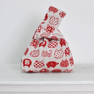 Japanese style cotton linen wrist bag with red cat prints for coins and keys