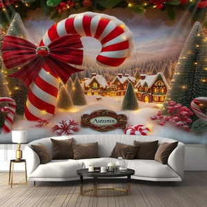 Détail d'une tapisserie de Noël avec sucres d'orge et forêt d'hiver dans un salon moderne