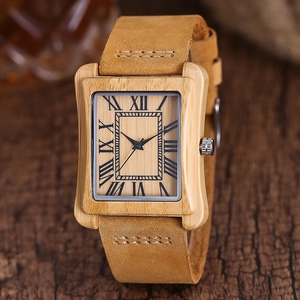 Handcrafted rectangle bamboo quartz watch with Roman numerals and tan suede leather strap
