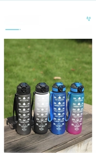 Detail of four colorful gradient 1000ml sports bottles with motivational time markers