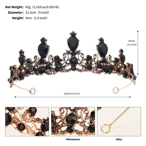 Detailed size specifications and material close-up of a black rhinestone crown