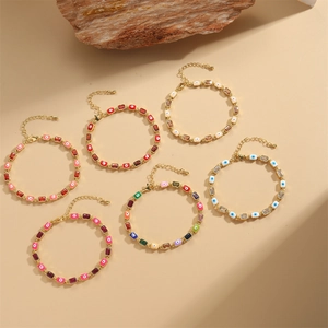 6pcs evil eye bracelet set with square zircon and 14k gold plating on stone base