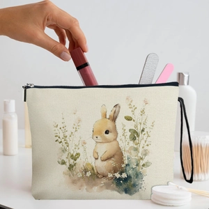 Easter rabbit makeup bag with watercolor floral prints and convenient black wrist strap
