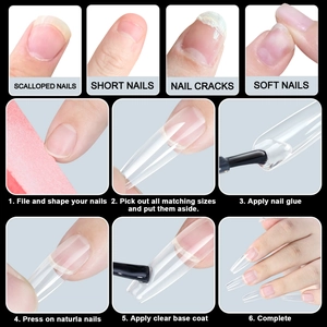 Detail view of 6-step nail extension process using clear resin coffin nail tips