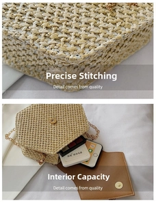 Detail view of woven straw hexagon bag showing interior capacity for phone and makeup