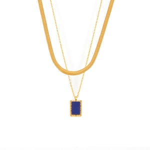 Vintage Rectangular Lapis Lazuli Pendant Necklace Titanium Steel 18K Gold Plated Flat Snake Chain Clavicle Jewelry Women