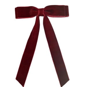 Double-layer velvet bow hair clip in deep wine red with long ribbon streamers