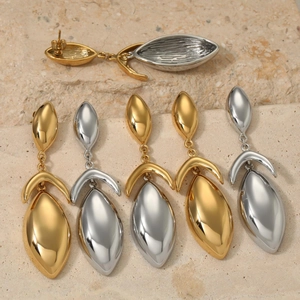 Minimalist geometric teardrop earrings in gold and silver finish with sleek mirror polish