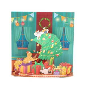 3D Pop-up Weihnachtskarte mit süßen Katzen um einen Baum und festlichen Geschenken