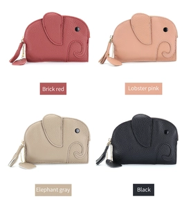 Four color variants of elephant leather coin purses in a professional grid display