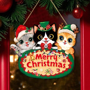 Christmas Wooden Hanging Door Sign Merry Christmas Cartoon Cats Decorative Wall Plaque Holiday Home Decor Ornament