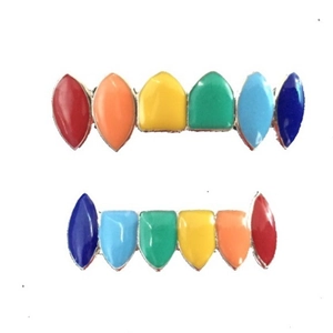 Rainbow colored hip hop teeth grills set with six decorative caps on white background