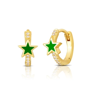 Macro view of gold hoop earrings with green enamel stars and micro-inlaid cubic zirconia