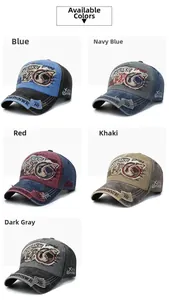 Detail of cotton baseball caps with SHARKS embroidery and vintage distressed brims