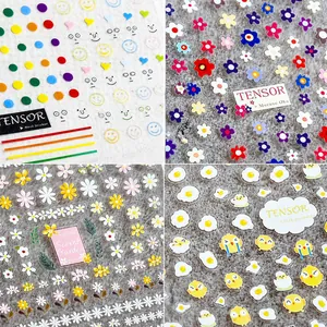 Autocollants Art Des Ongles Gaufrés Autocollants Fleur Arc En Ciel Smiley Poussin Design DIY Manucure Décoration Femmes Filles