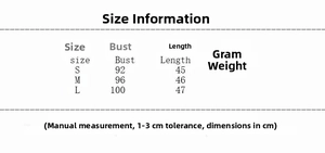 Size chart showing bust and length measurements in centimeters for women's tube top