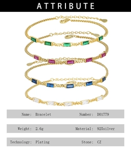 Detail showing set of four 925 silver bracelets with colorful rectangular CZ stones
