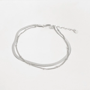 Classic silver double-layered snake and bead chain anklet in stainless steel
