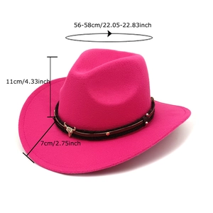 Rose red western cowboy hat with bull head ornament and size dimensions guide
