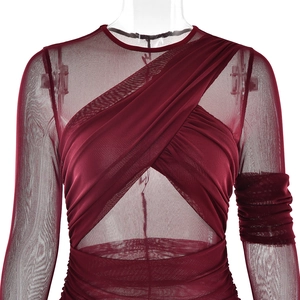 Detail of dark red mesh splicing and ruched design on long sleeve slim fit dress