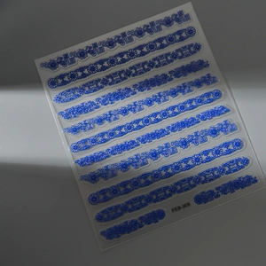 5D Chinese style blue and white porcelain nail art stickers with embossed patterns