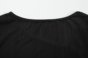 Detailed close-up of black ribbed knit fabric with precise neckline stitching and texture