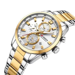 Men's two-tone steel chronograph watch with white dial and gold-tone indices