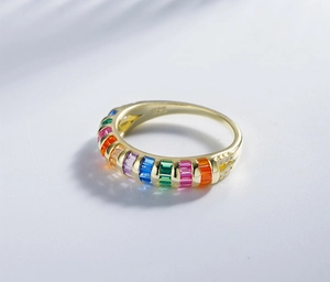 Detailed close-up of 925 silver ring with 14k gold plating and rainbow zircon stones
