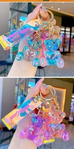 Detail of faceted crystal bear keychain with gradient color and laser strap