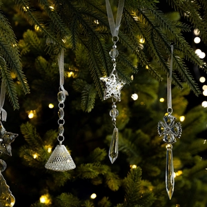 Clear acrylic Christmas tree ornaments with snowflakes and crystal teardrop pendants