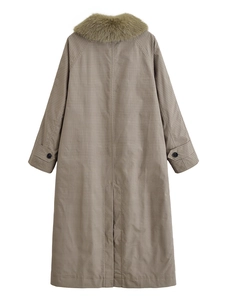 Detail view of the brown plaid trench coat with fur collar and rear vent design