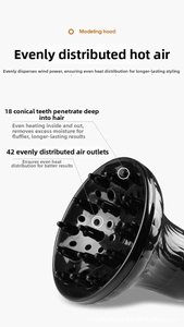 Black hair diffuser with 18 long prongs and 42 air holes for heat distribution