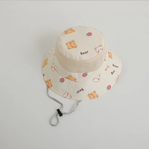 Detail of kids sun hat with breathable mesh panels and adjustable windproof strap