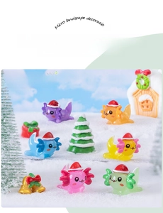 Miniature Christmas axolotl figurines in colorful resin with festive holiday props