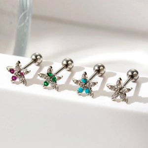 Star-shaped stainless steel cartilage studs with colorful zircon stones in four colors