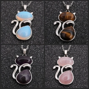 Collier Pendentif Chat Chaîne Acier Inoxydable Pierre Naturelle Améthyste Quartz Rose Oeil De Tigre Opale Aventurine Bijoux Femmes