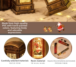 Detail of the vintage Christmas phone booth lantern base showing the battery compartment box