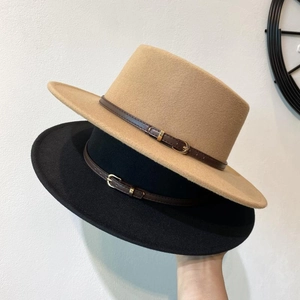 Flat top wool fedora hat with leather belt buckle for men and women in khaki and black