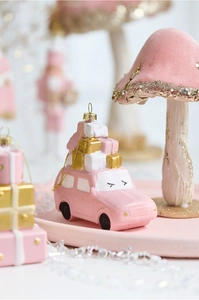 Pink cartoon car Christmas ornament featuring mini gift boxes and painted details