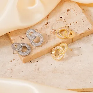 Elegant 8-shaped double circle earrings with sparkling cubic zirconia in gold and silver