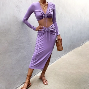 Chic lavender purple long sleeve crop top and drawstring slit maxi skirt two-piece set