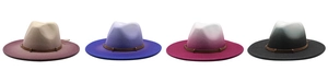 Detail of four gradient ombre wool fedora hats with stylish brown leather decorative bands