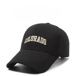 Detail of Colorado 3D embroidery on black cotton baseball cap with long visor