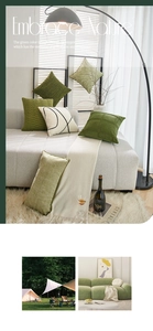 Detailed view of green and beige pleated throw pillow covers in a cozy living room setting