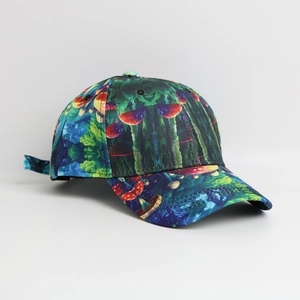 Tie-dye baseball cap with colorful psychedelic print and adjustable strap in 45-degree view