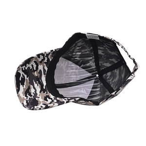 Detail view of camouflage baseball cap interior with sweatband and adjustable metal buckle