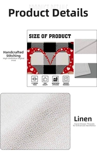 Linen table runner detail showing 0.1 inch thickness with red heart plaid digital print