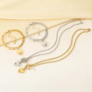 Collana E Bracciale Con Pendente A Cuore In Acciaio Inossidabile Chiusura A Commutazione Catena Cubana E Graffetta Moda Donna